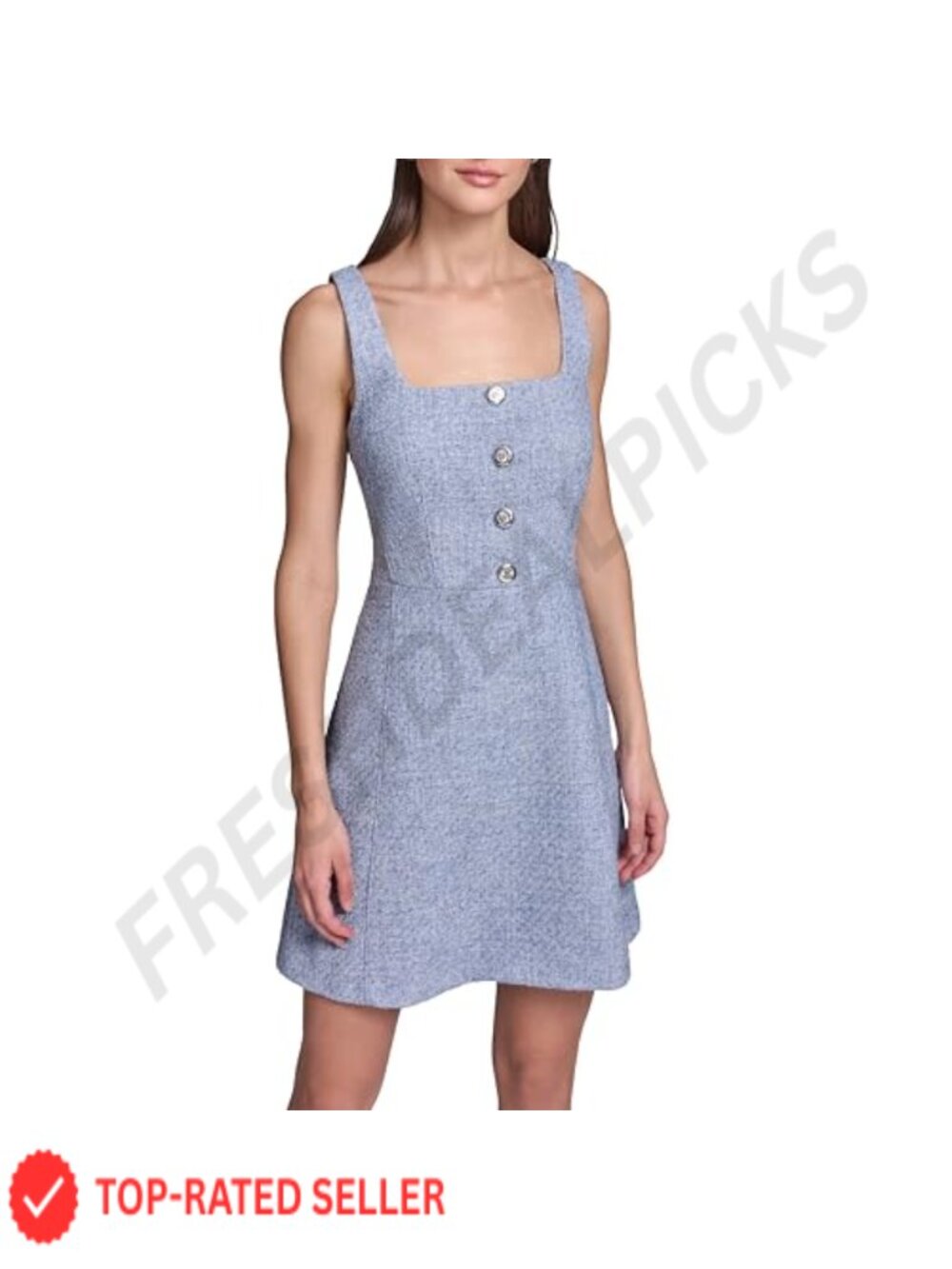 Sleeveless Square Neck Tweed Pearl Button A-line Dress
